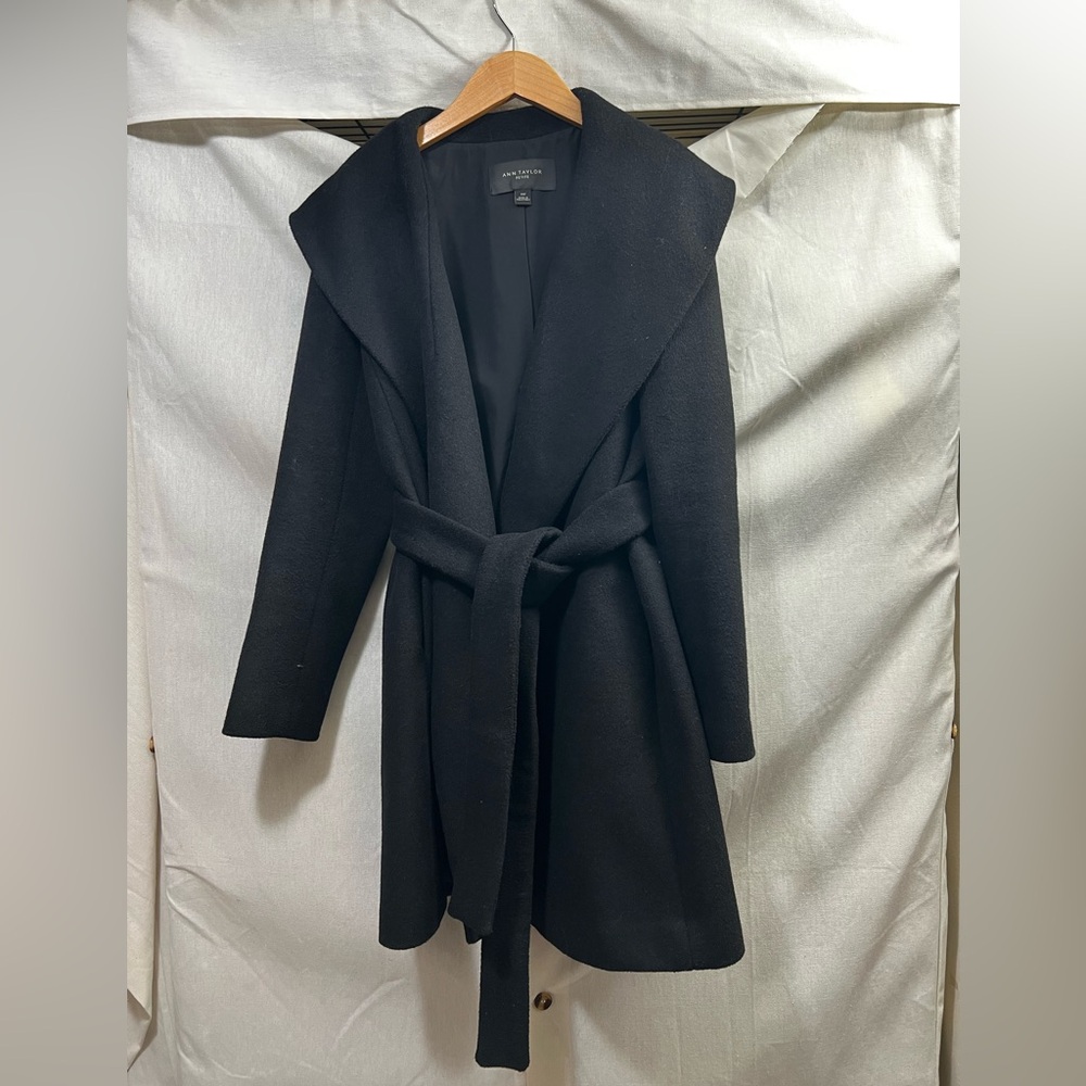Ann Taylor Classic Black Petite Wool Blend Wrap Coat